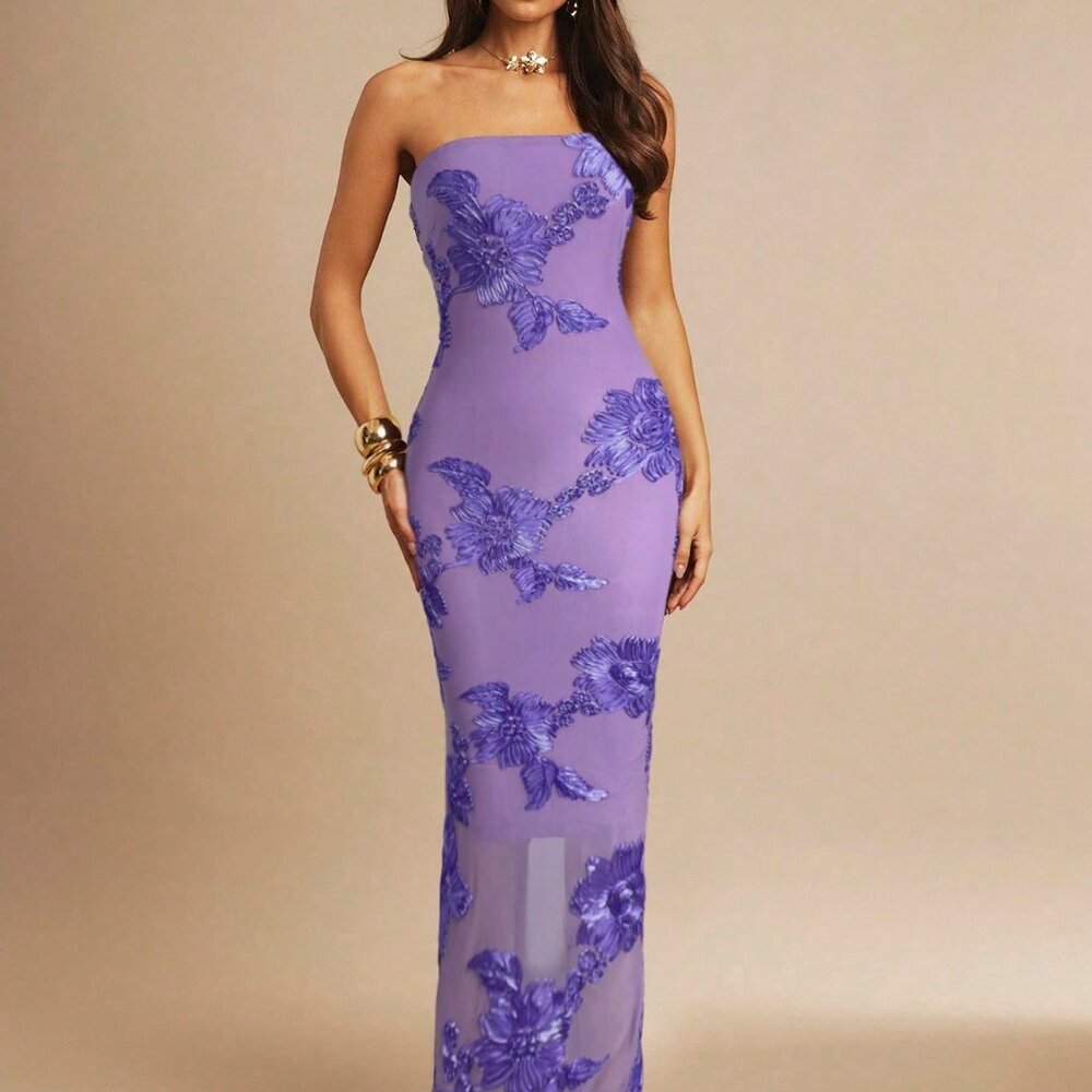 Mauve Purple Party Women's 3d Floral Sexy Bodycon Camisole Dress - Picture 3 of 6